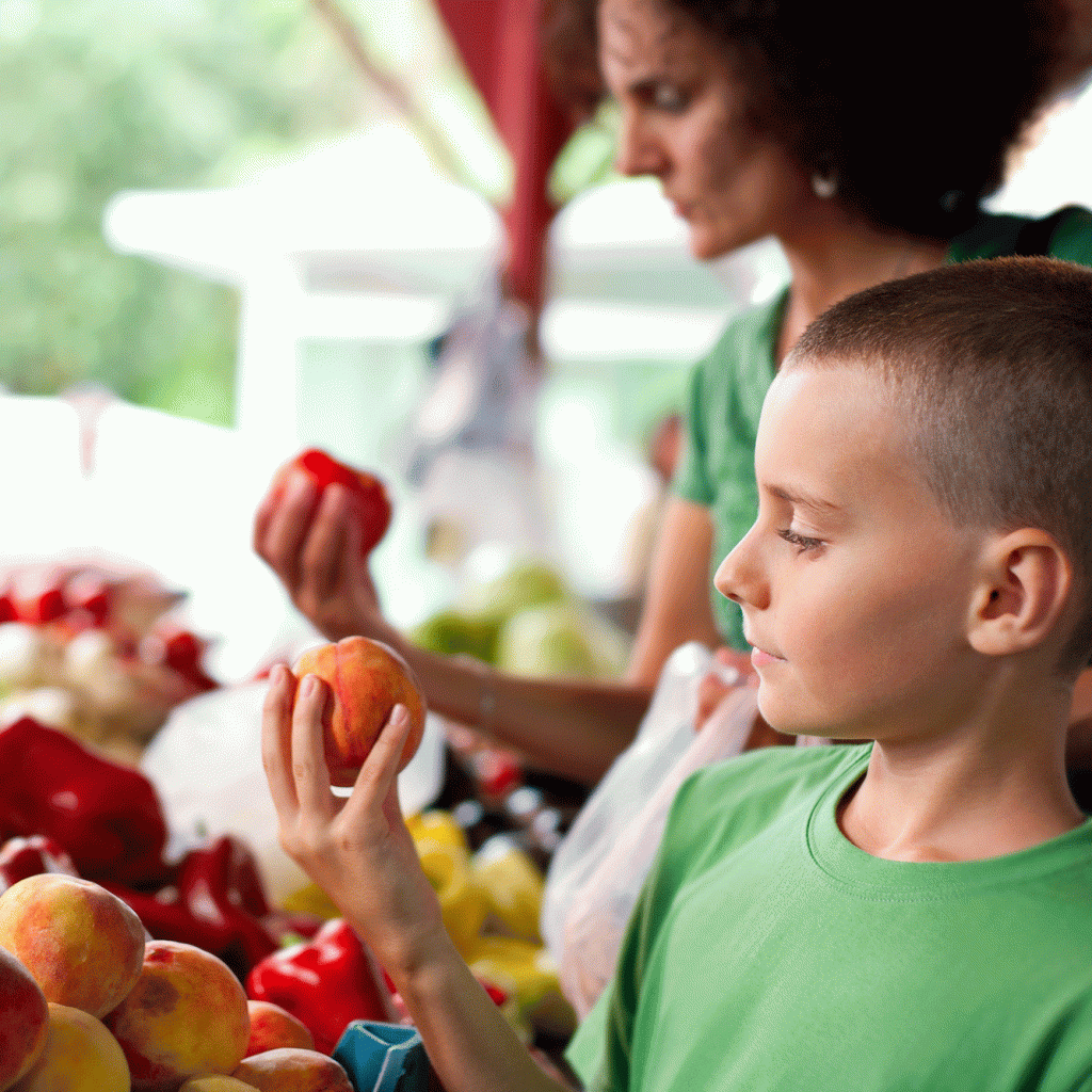 Family looking at peaches in a market.